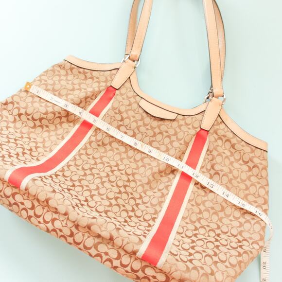 Coach Devin Signature Stripe Orange Top Handle Tote Bag Leather Strap - Picture 12 of 14